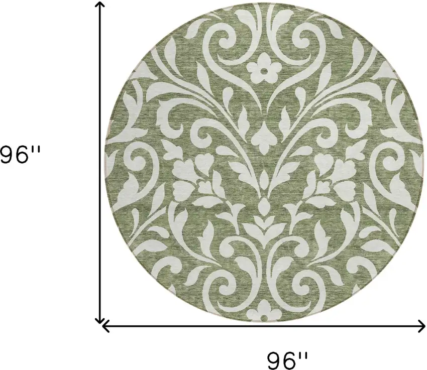 8' Fern Green And Ivory Round Floral Washable Indoor Outdoor Area Rug Photo 3
