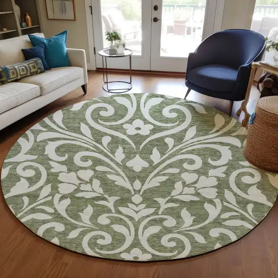 8' Fern Green And Ivory Round Floral Washable Indoor Outdoor Area Rug Photo 7