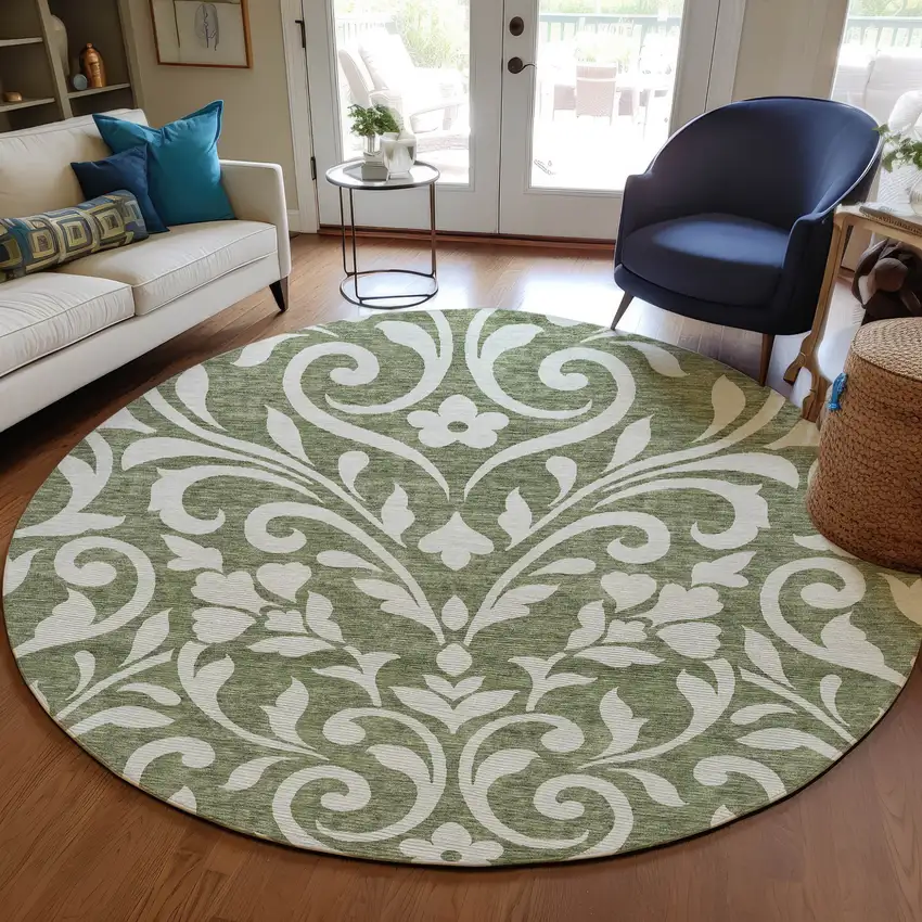 8' Fern Green And Ivory Round Floral Washable Indoor Outdoor Area Rug Photo 7