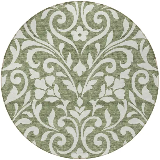 8' Fern Green And Ivory Round Floral Washable Indoor Outdoor Area Rug Photo 5