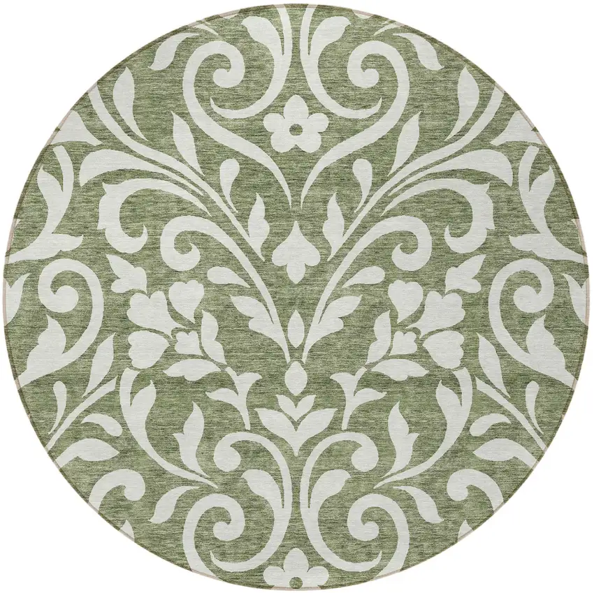 8' Fern Green And Ivory Round Floral Washable Indoor Outdoor Area Rug Photo 5