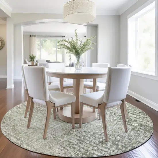 8' Fern Green And Ivory Round Geometric Washable Indoor Outdoor Area Rug Photo 6