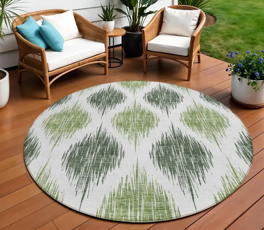 8' Fern Green And Ivory Round Ikat Washable Indoor Outdoor Area Rug Photo 1