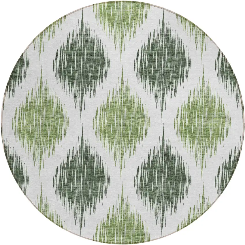 8' Fern Green And Ivory Round Ikat Washable Indoor Outdoor Area Rug Photo 2
