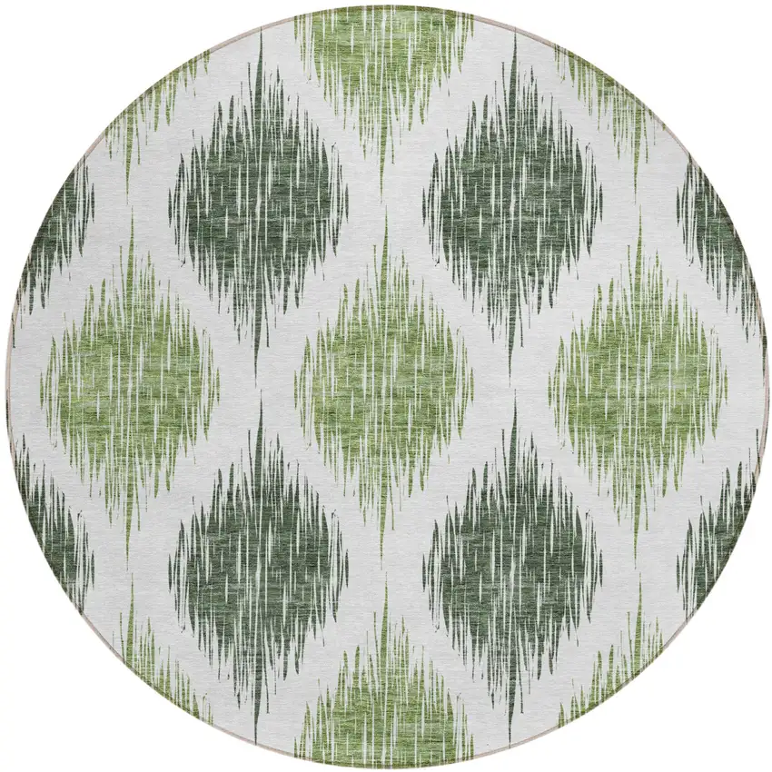 8' Fern Green And Ivory Round Ikat Washable Indoor Outdoor Area Rug Photo 2