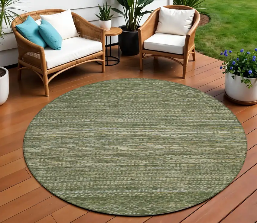 8' Fern Green And Ivory Round Striped Washable Indoor Outdoor Area Rug Photo 2