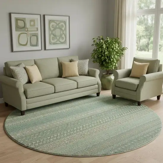 8' Fern Green And Ivory Striped Washable Round Rug With UV Protection Photo 1