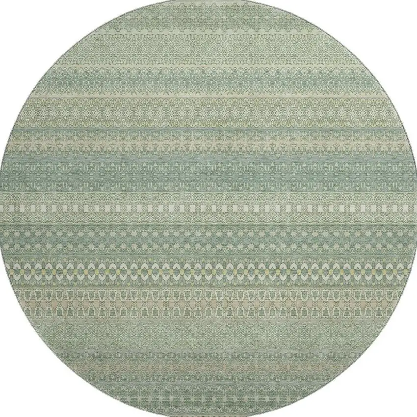 8' Fern Green And Ivory Striped Washable Round Rug With UV Protection Photo 4