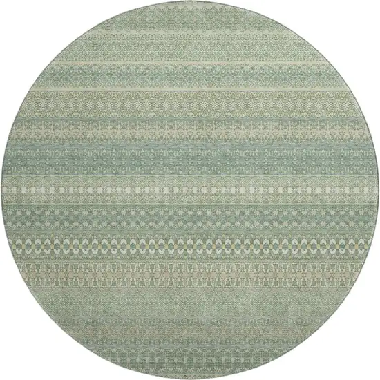 8' Fern Green And Ivory Striped Washable Round Rug With UV Protection Photo 1