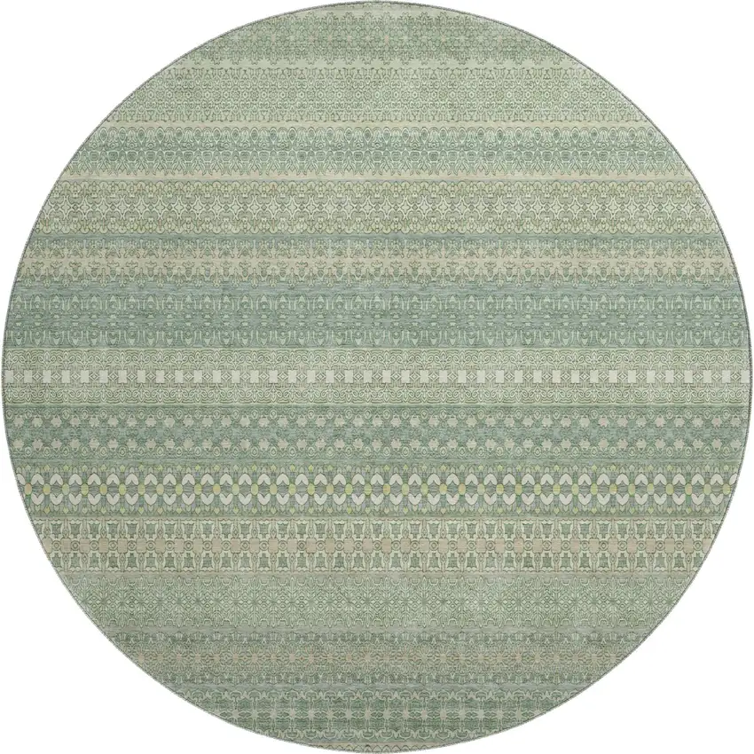 8' Fern Green And Ivory Striped Washable Round Rug With UV Protection Photo 1