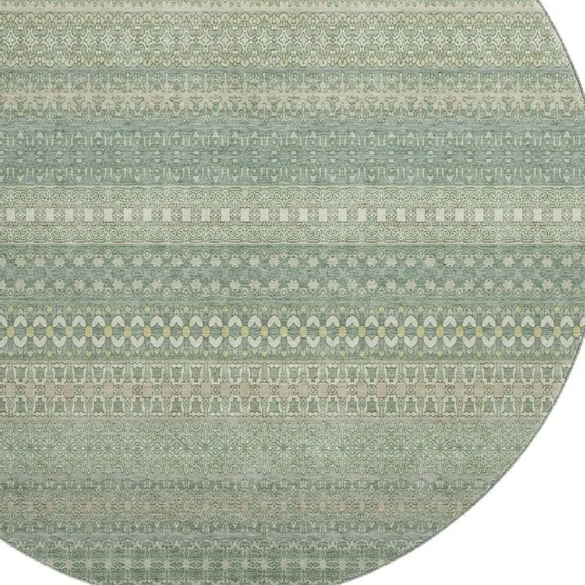 8' Fern Green And Ivory Striped Washable Round Rug With UV Protection Photo 3