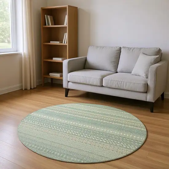 8' Fern Green And Ivory Striped Washable Round Rug With UV Protection Photo 2