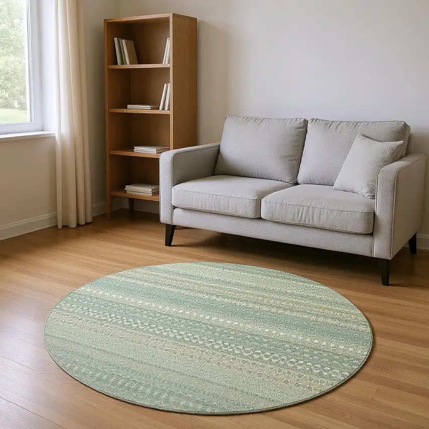 8' Fern Green And Ivory Striped Washable Round Rug With UV Protection Photo 2