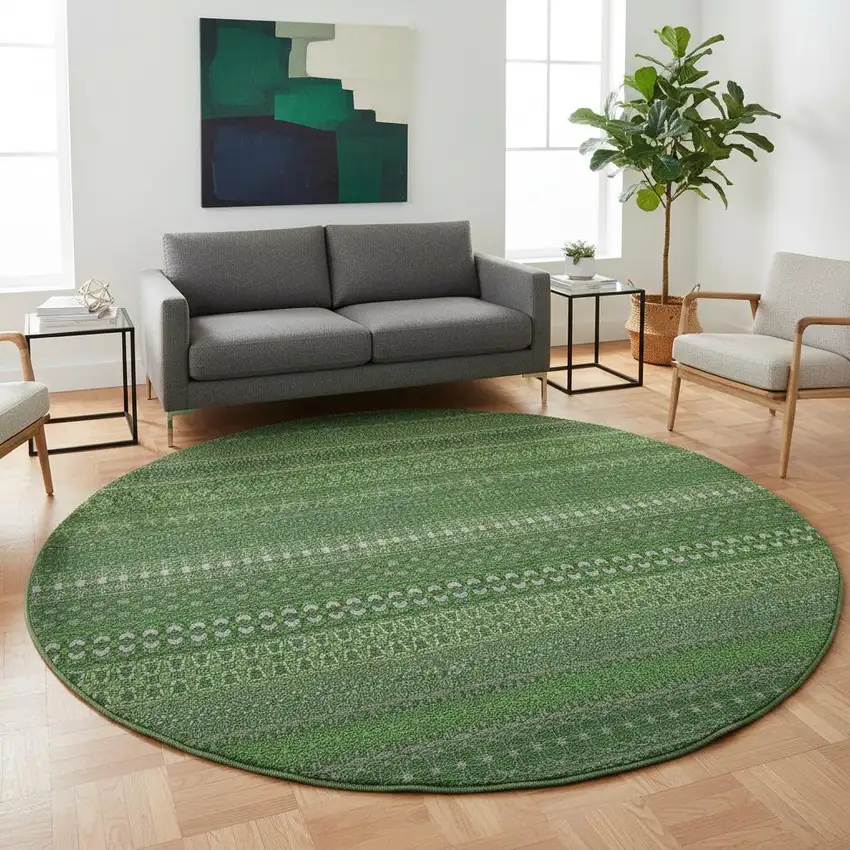8' Fern Green And Ivory Striped Washable Round Rug With UV Protection Photo 2