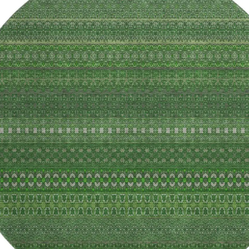 8' Fern Green And Ivory Striped Washable Round Rug With UV Protection Photo 3