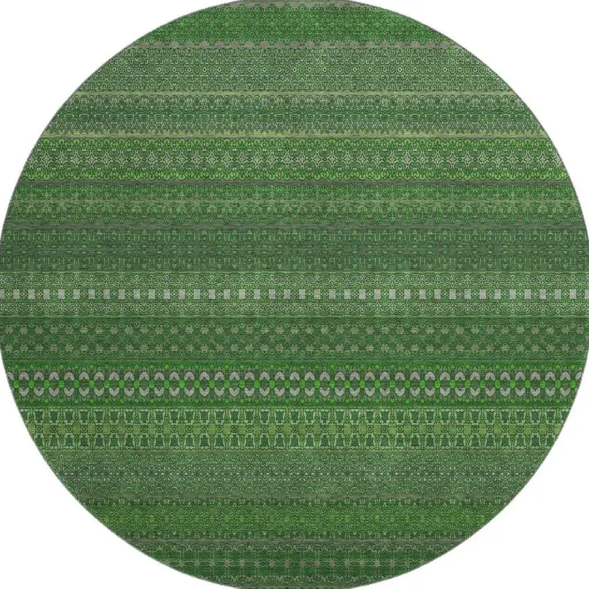 8' Fern Green And Ivory Striped Washable Round Rug With UV Protection Photo 4