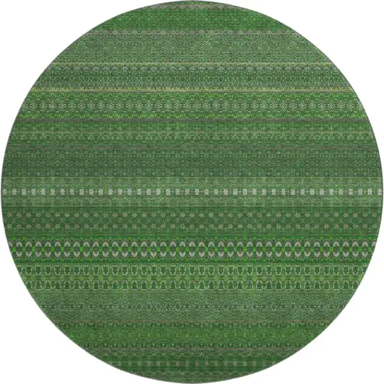 8' Fern Green And Ivory Striped Washable Round Rug With UV Protection Photo 1