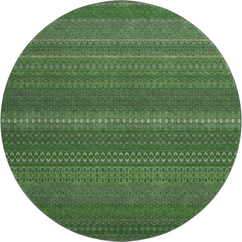 8' Fern Green And Ivory Striped Washable Round Rug With UV Protection Photo 1