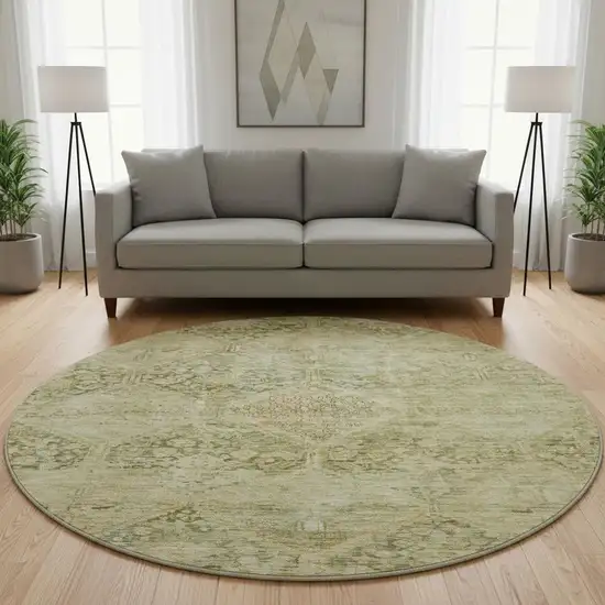 8' Fern Green And Olive Green Geometric Washable Round Rug With UV Protection Photo 2