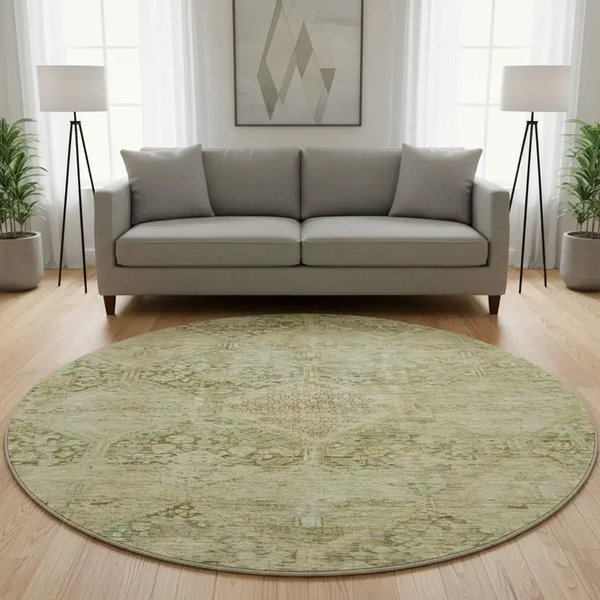 8' Fern Green And Olive Green Geometric Washable Round Rug With UV Protection Photo 2