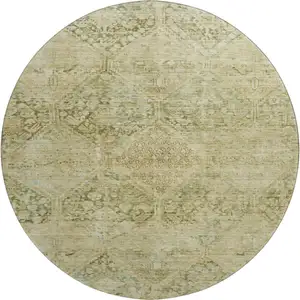 Photo of 8' Fern Green And Olive Green Geometric Washable Round Rug With UV Protection