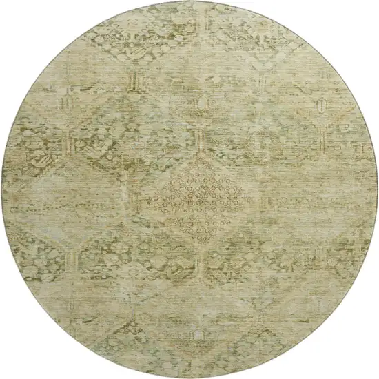 8' Fern Green And Olive Green Geometric Washable Round Rug With UV Protection Photo 1