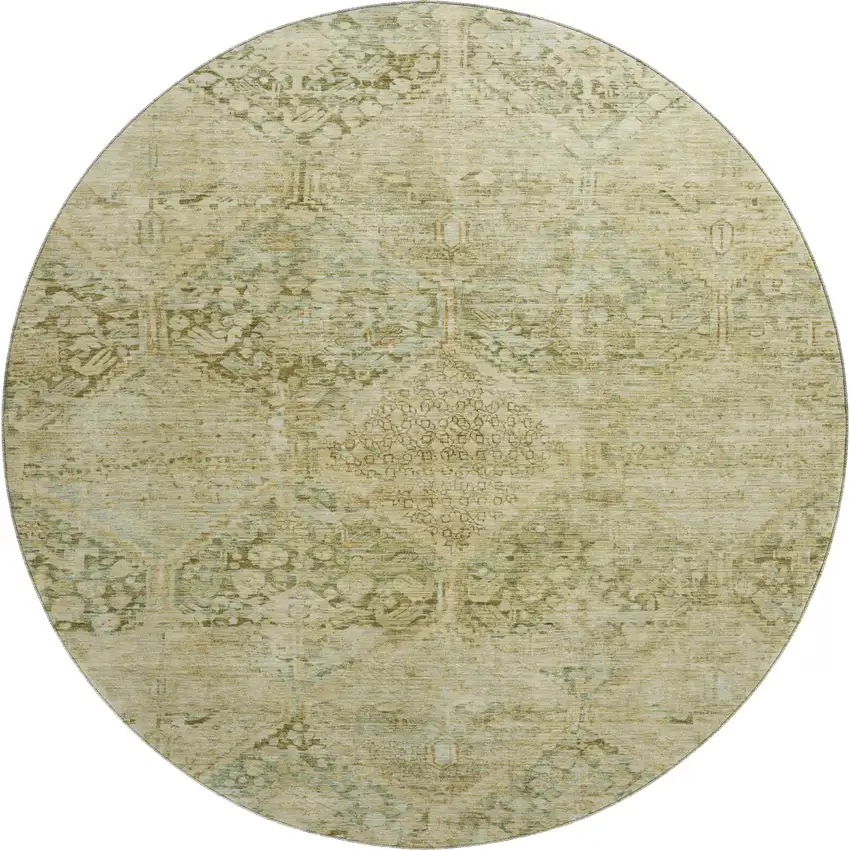 8' Fern Green And Olive Green Geometric Washable Round Rug With UV Protection Photo 1