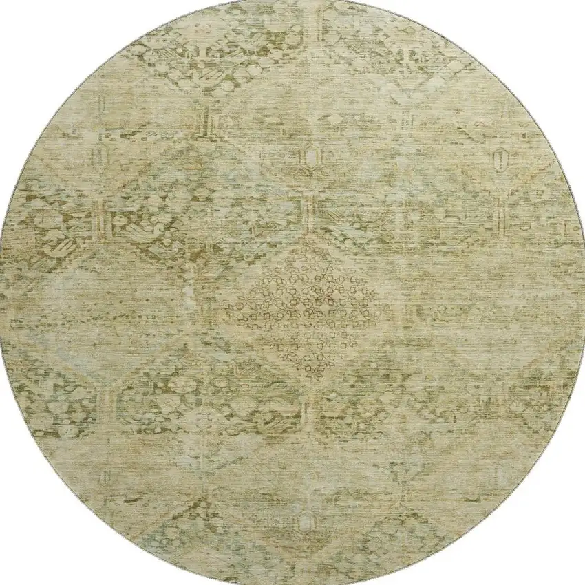 8' Fern Green And Olive Green Geometric Washable Round Rug With UV Protection Photo 3