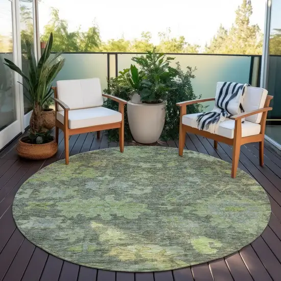 8' Fern Green And Olive Green Round Floral Washable Indoor Outdoor Area Rug Photo 7