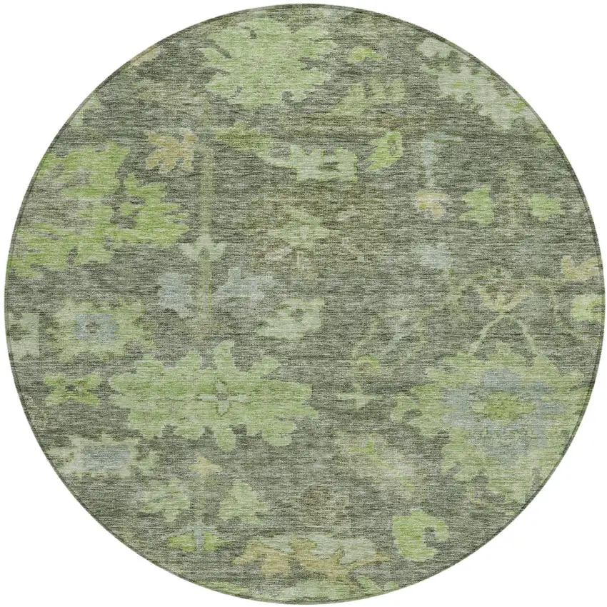 8' Fern Green And Olive Green Round Floral Washable Indoor Outdoor Area Rug Photo 2