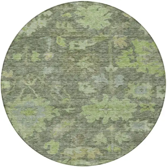 8' Fern Green And Olive Green Round Floral Washable Indoor Outdoor Area Rug Photo 6