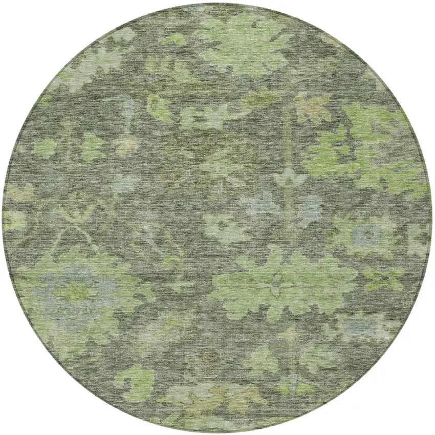 8' Fern Green And Olive Green Round Floral Washable Indoor Outdoor Area Rug Photo 6