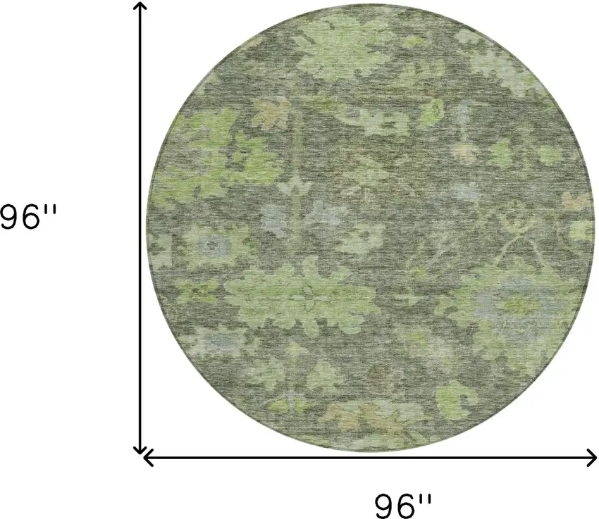 8' Fern Green And Olive Green Round Floral Washable Indoor Outdoor Area Rug Photo 9