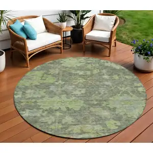 Photo of 8' Fern Green And Olive Green Round Floral Washable Indoor Outdoor Area Rug