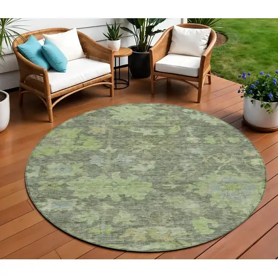 8' Fern Green And Olive Green Round Floral Washable Indoor Outdoor Area Rug Photo 1