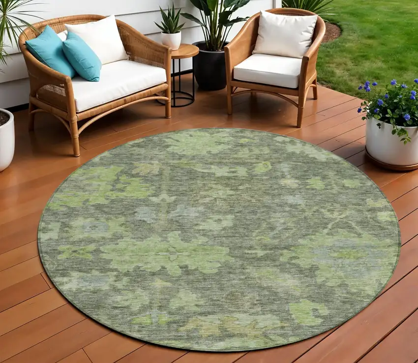 8' Fern Green And Olive Green Round Floral Washable Indoor Outdoor Area Rug Photo 1