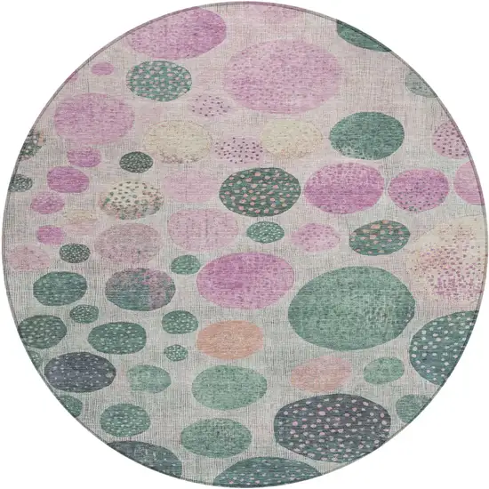 8' Fern Green And Pink Round Geometric Washable Indoor Outdoor Area Rug Photo 1