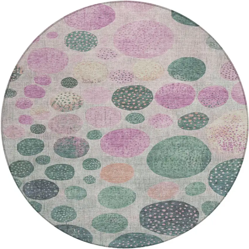 8' Fern Green And Pink Round Geometric Washable Indoor Outdoor Area Rug Photo 1