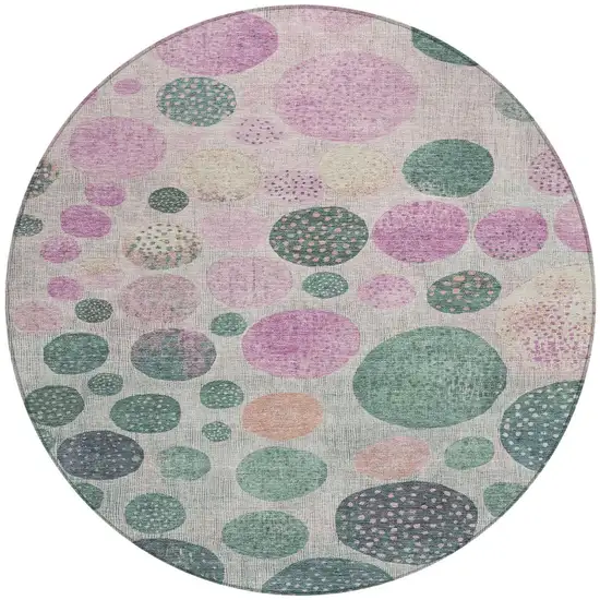 8' Fern Green And Pink Round Geometric Washable Indoor Outdoor Area Rug Photo 3