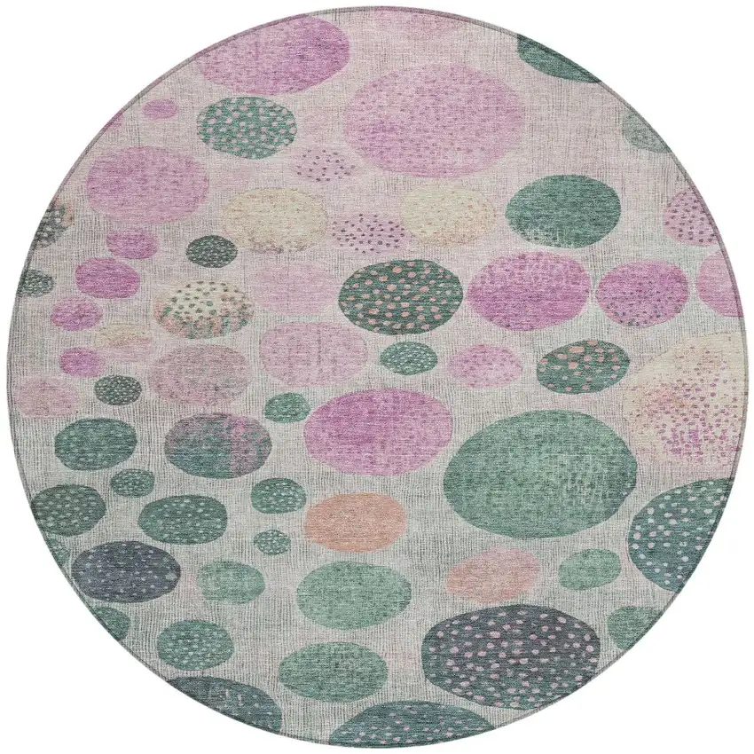 8' Fern Green And Pink Round Geometric Washable Indoor Outdoor Area Rug Photo 3
