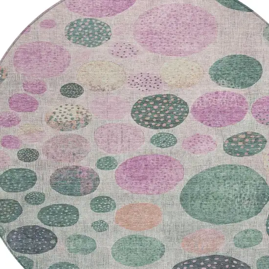 8' Fern Green And Pink Round Geometric Washable Indoor Outdoor Area Rug Photo 4