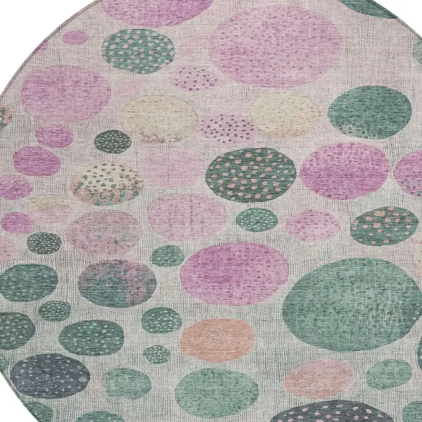 8' Fern Green And Pink Round Geometric Washable Indoor Outdoor Area Rug Photo 4
