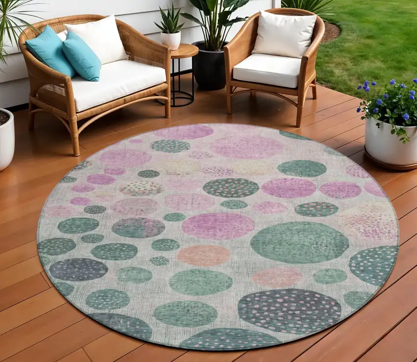 8' Fern Green And Pink Round Geometric Washable Indoor Outdoor Area Rug Photo 2