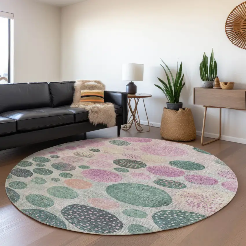 8' Fern Green And Pink Round Geometric Washable Indoor Outdoor Area Rug Photo 6