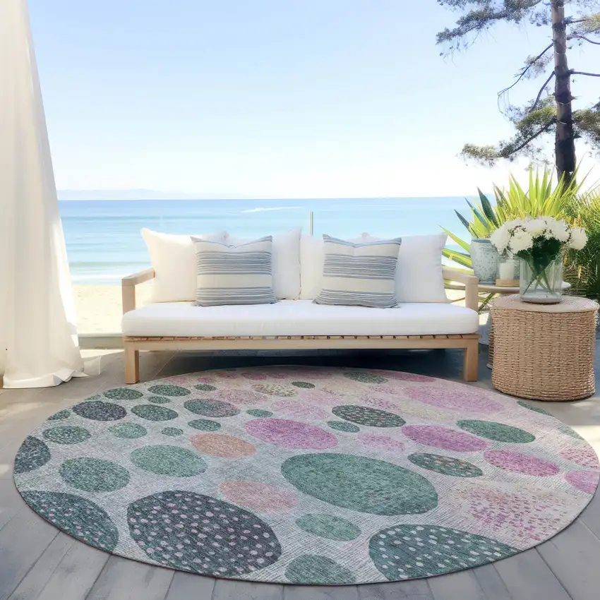 8' Fern Green And Pink Round Geometric Washable Indoor Outdoor Area Rug Photo 5