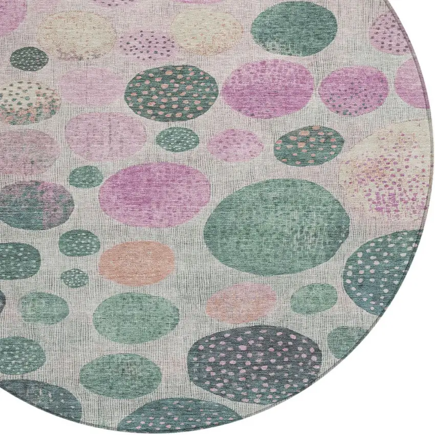 8' Fern Green And Pink Round Geometric Washable Indoor Outdoor Area Rug Photo 7