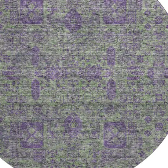 8' Fern Green And Purple Floral Washable Round Rug With UV Protection Photo 3