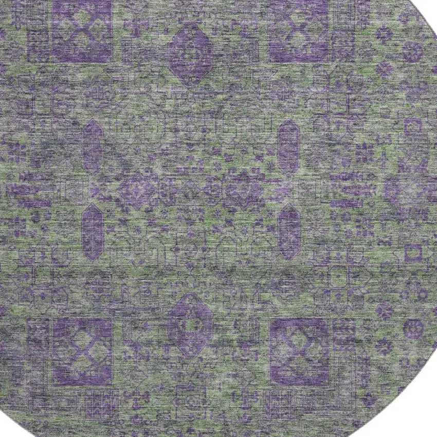 8' Fern Green And Purple Floral Washable Round Rug With UV Protection Photo 3