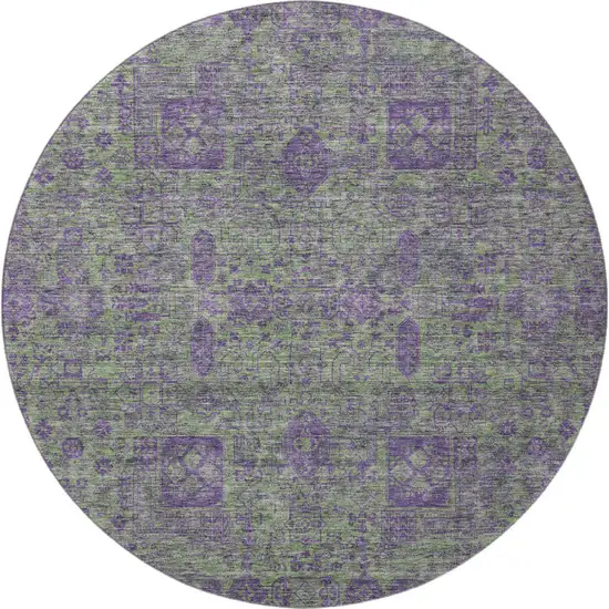 8' Fern Green And Purple Floral Washable Round Rug With UV Protection Photo 4