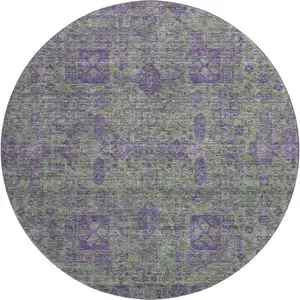 Photo of 8' Fern Green And Purple Floral Washable Round Rug With UV Protection